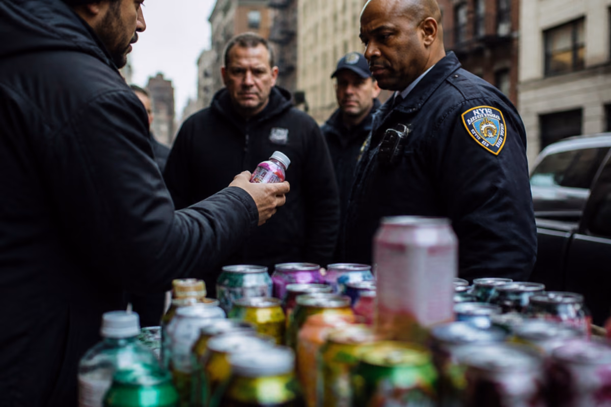Des policiers new-yorkais examinent une bouteille devant un étal de boissons au cannabis
