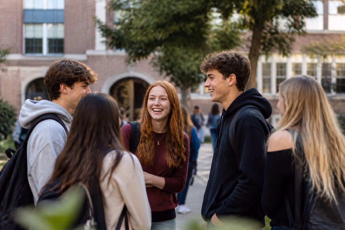 Cinq adolescents souriants avec des sacs à dos discutent devant un bâtiment scolaire en brique
