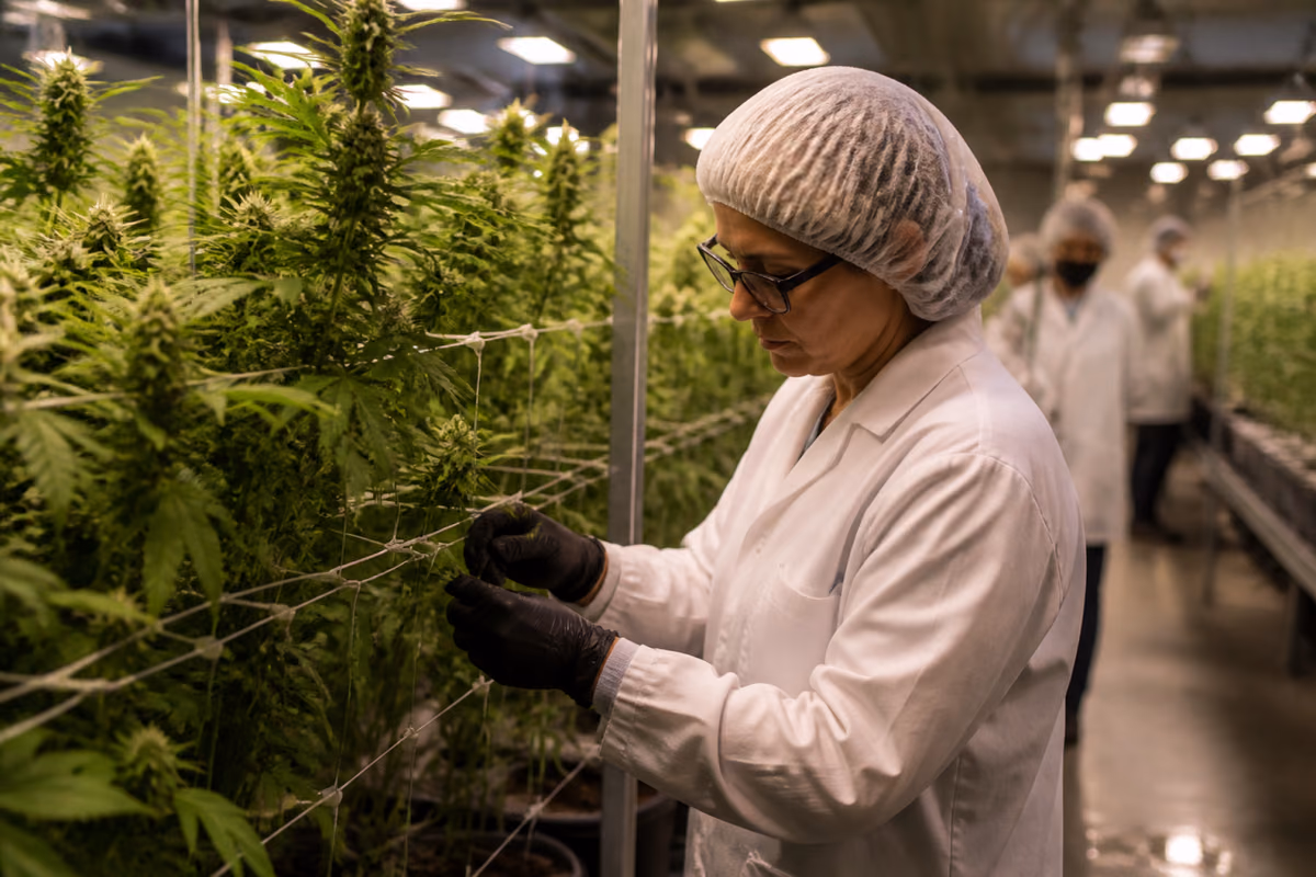 Technicienne en blouse blanche et charlotte inspectant des plants de cannabis dans une serre intérieure