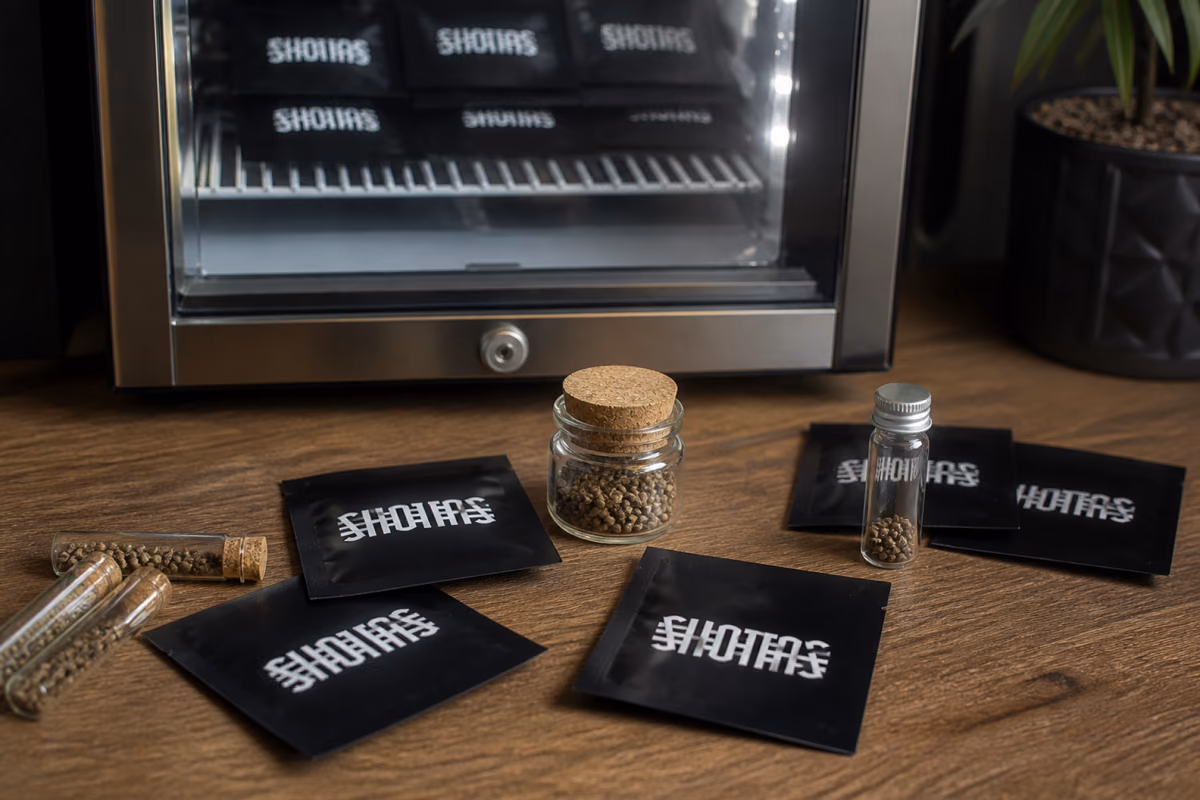Graines de cannabis dans un bocal en verre, des fioles bouchées et des sachets noirs devant un mini-frigo vitré