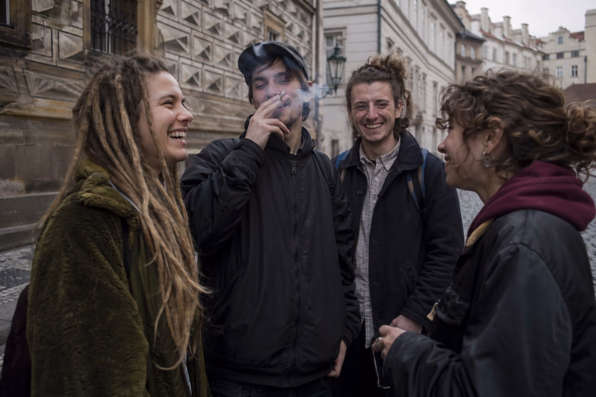 Quatre jeunes rient dans une rue de Prague, l'un d'eux fumant une cigarette roulée