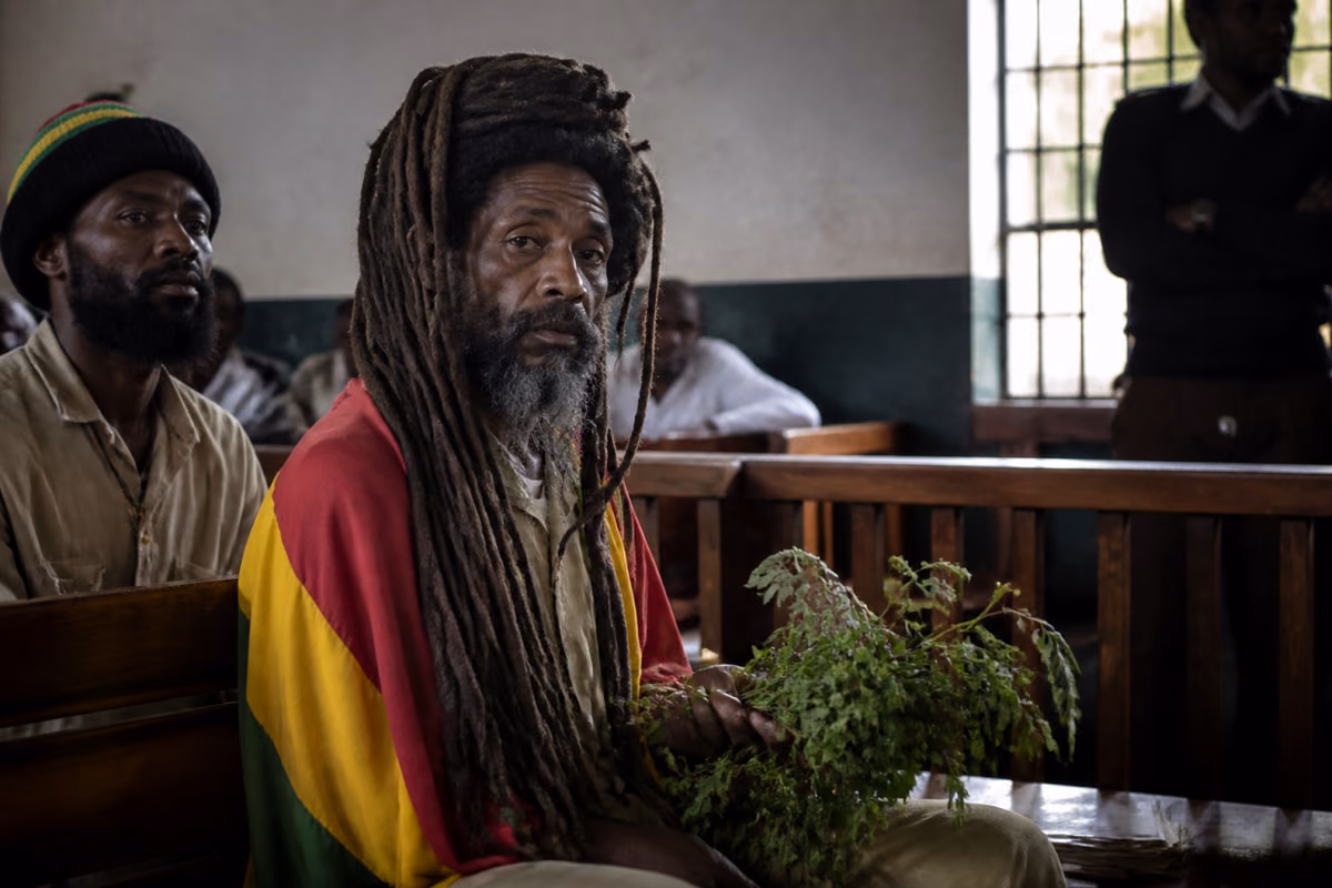 Homme âgé aux longues dreadlocks, drapé d’un drapeau rouge, jaune et vert, tenant des feuilles dans un tribunal